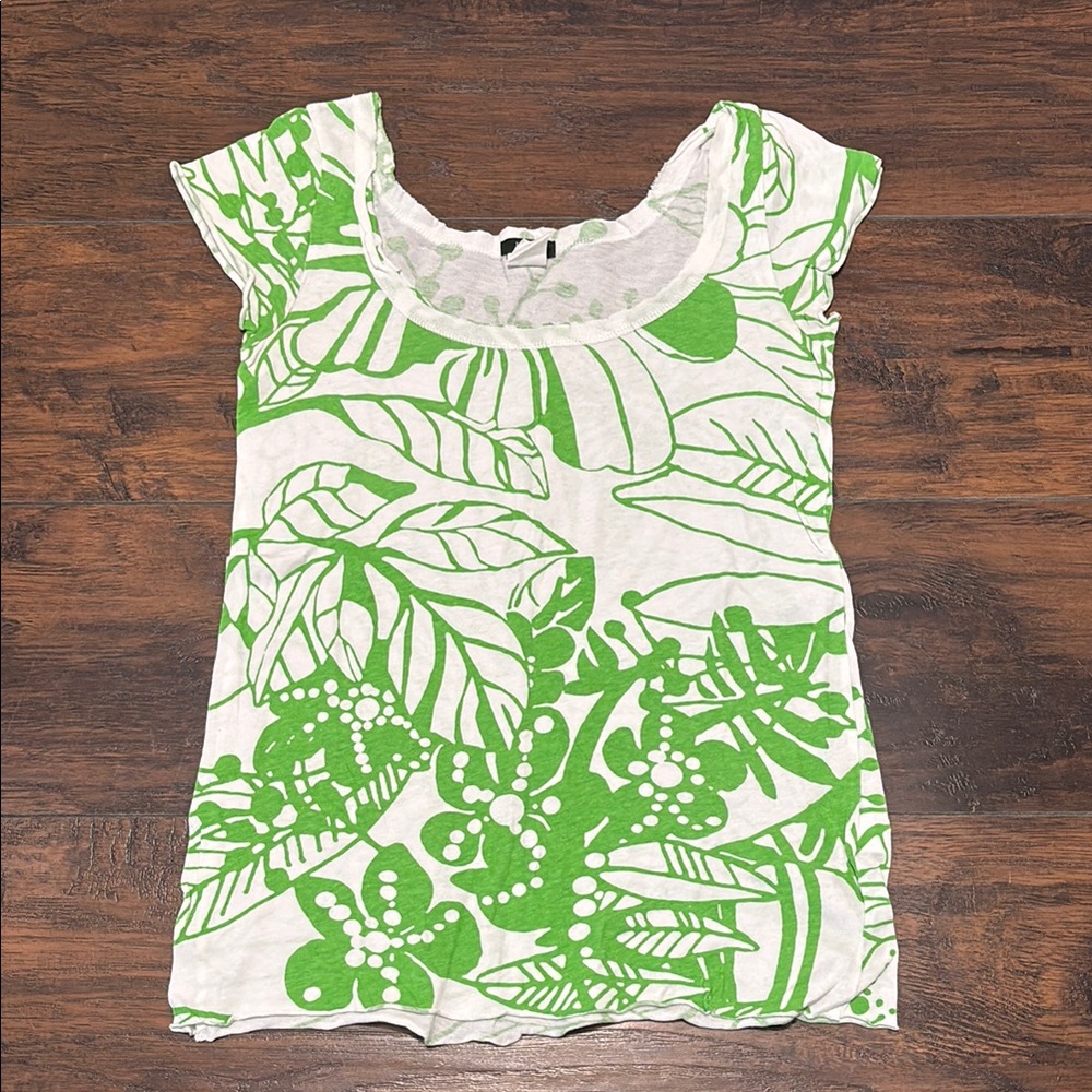 J. Crew White and Green Floral Short Sleeve Top